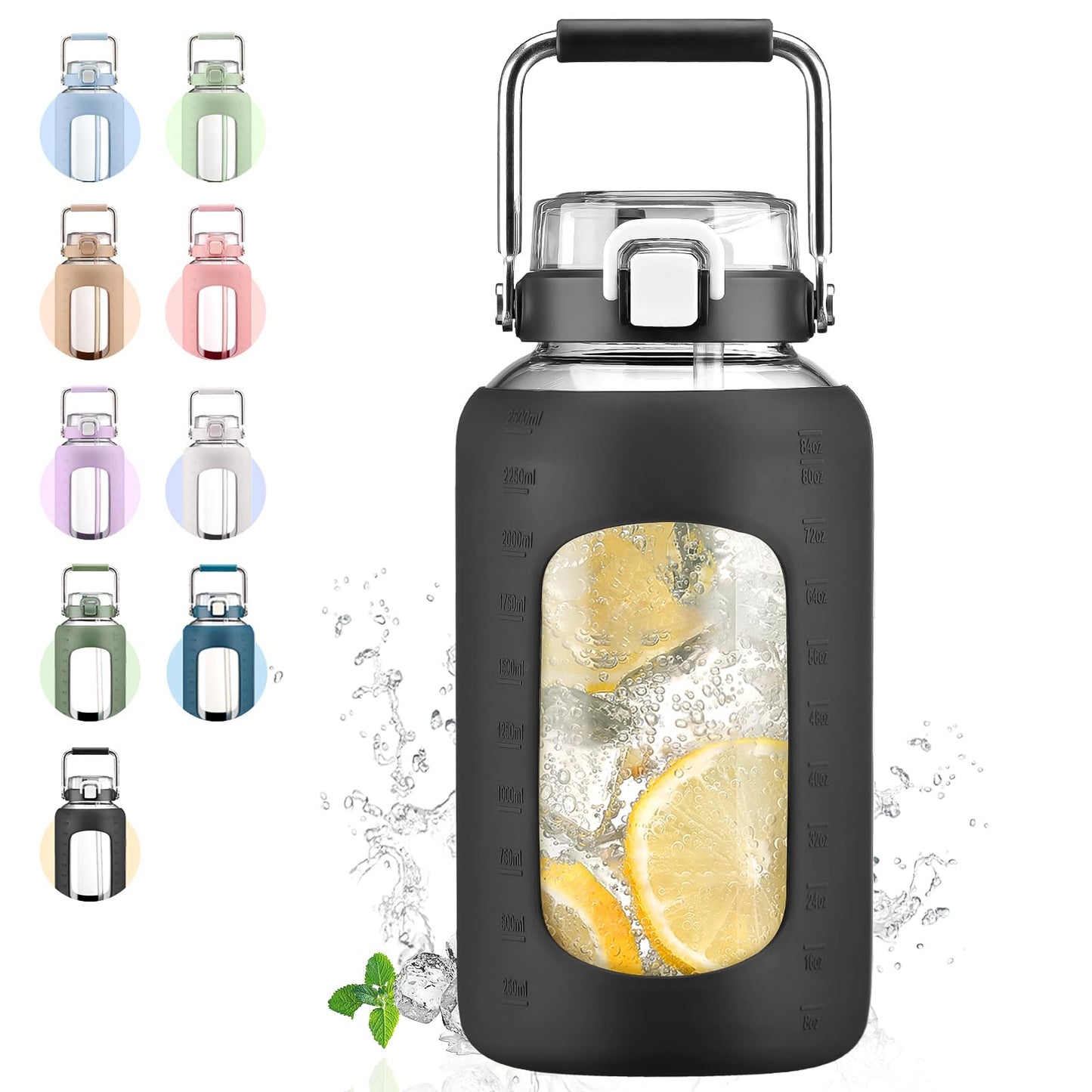 WINSA 84oz Glass Water Bottle with Stainless Steel Handle2.5L Gallon Water Bottle With 2-IN-1 Straw Lid Silicone Sleeve and Motivational Capacity Marker Wide Mouth Water Jug For Gym Workout Black