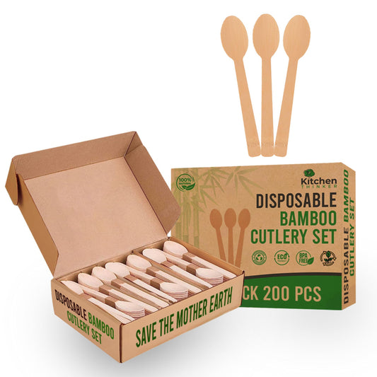 Kitchen Thinker Bamboo Spoons – 200 Pack Bamboo Spoons for Eating Bamboo Disposable Utensils For Parties Bamboo Cutlery Set for Weddings Parties Camping and Events
