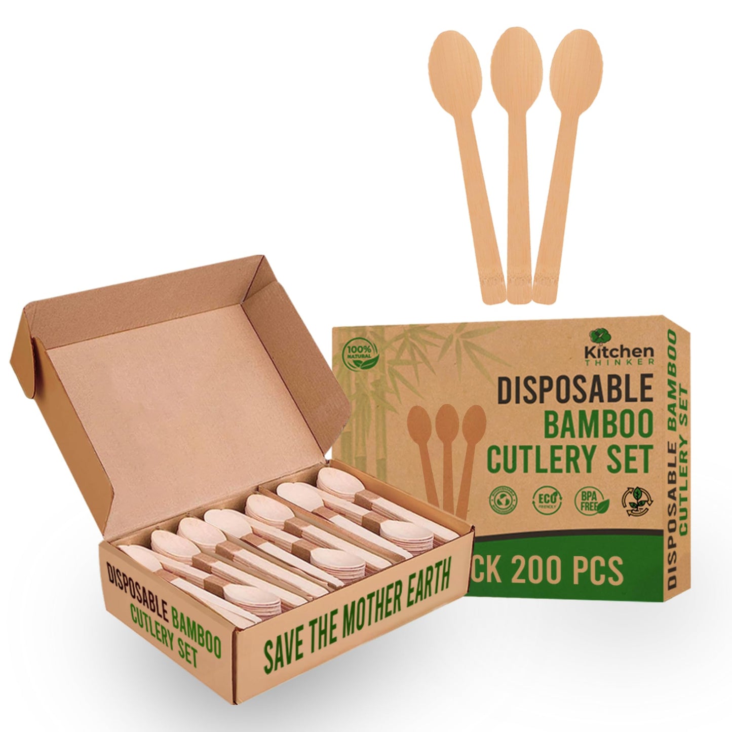Kitchen Thinker Bamboo Spoons – 200 Pack Bamboo Spoons for Eating Bamboo Disposable Utensils For Parties Bamboo Cutlery Set for Weddings Parties Camping and Events