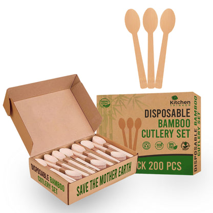 Kitchen Thinker Bamboo Spoons – 200 Pack Bamboo Spoons for Eating Bamboo Disposable Utensils For Parties Bamboo Cutlery Set for Weddings Parties Camping and Events