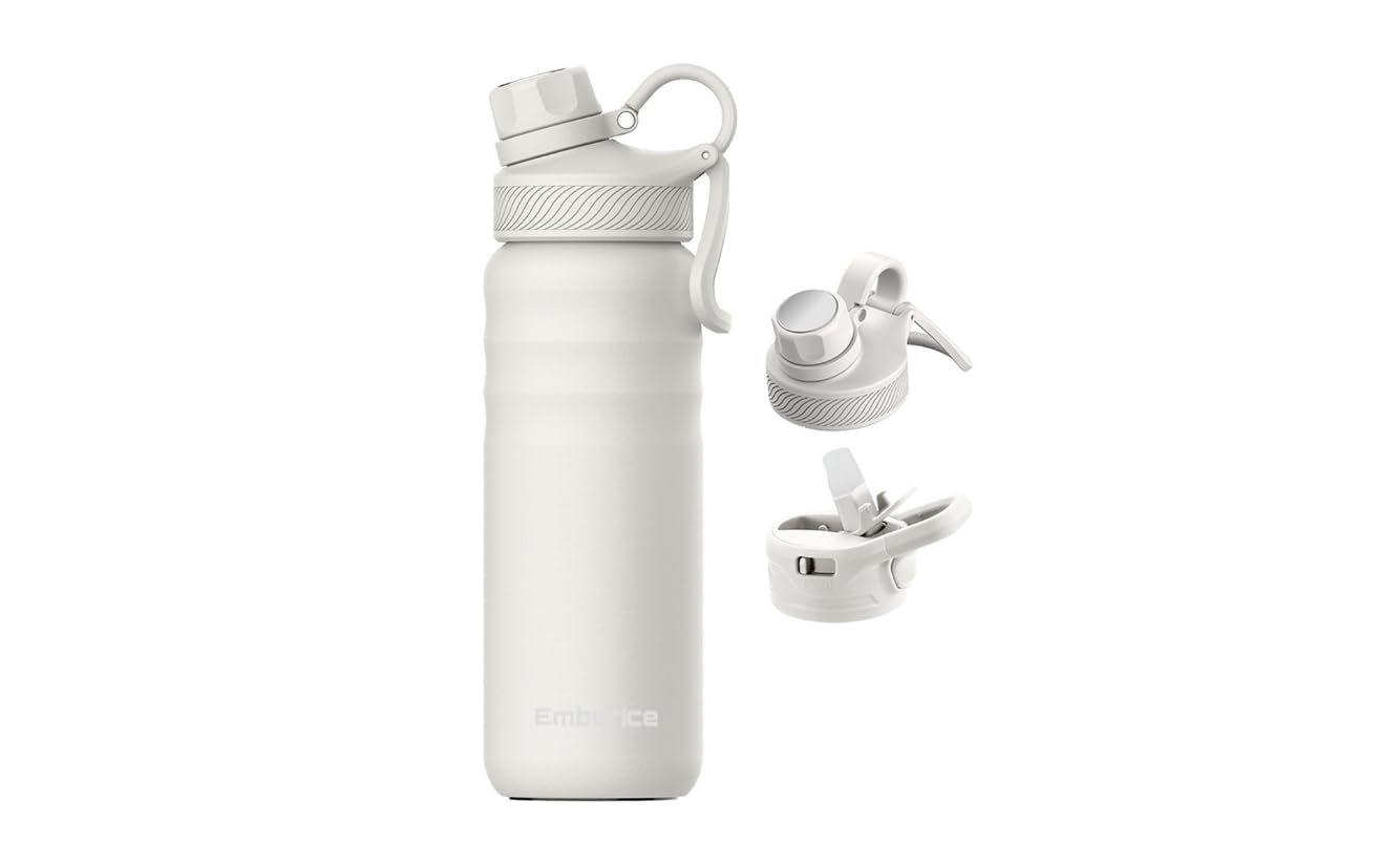 EmberIce double wall Insulated Stainless Steel Water Bottle with Straw Lid 12hr Hot and 24hr Cold Drinks 24 oz (White 24 oz)
